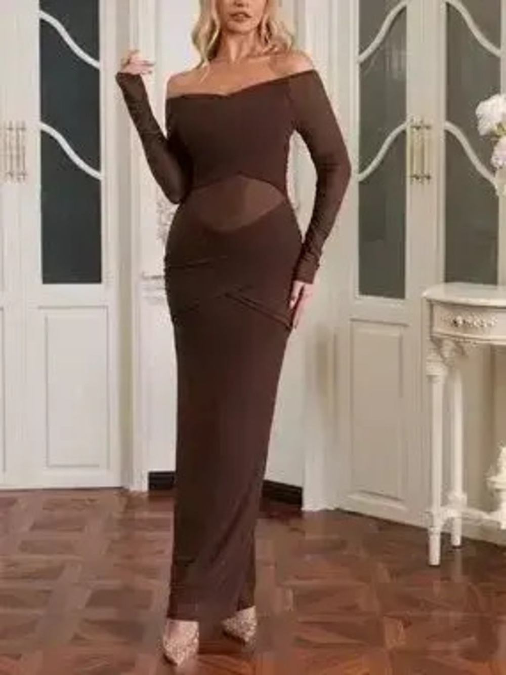 Off-Shoulder Ruched Mesh Long Sleeve Maxi Dress - Picture 4 of 9